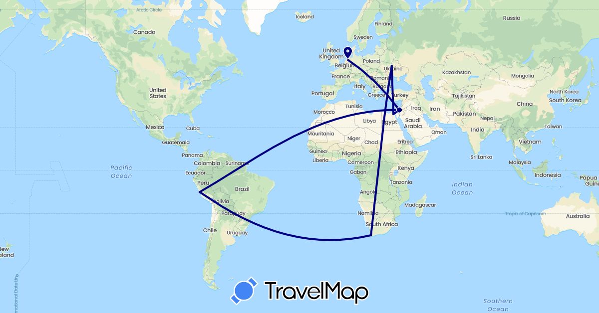TravelMap itinerary: driving in Egypt, Israel, Netherlands, Peru, Ukraine, South Africa (Africa, Asia, Europe, South America)